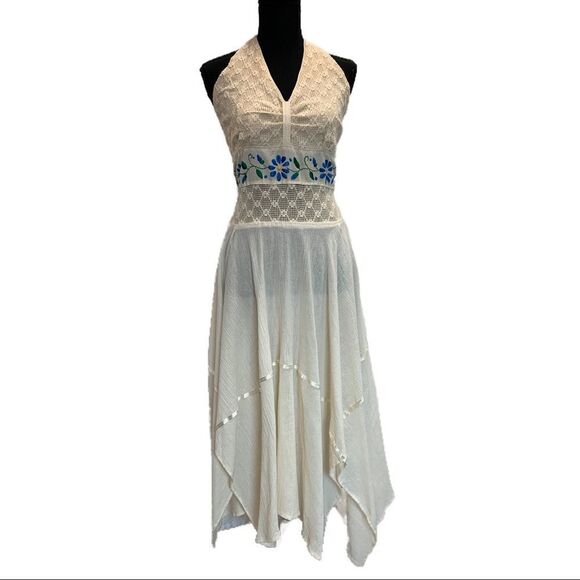 Vintage ‘70s Embroidered Gauze Pixie Hem Floral Crochet Halter Mexican Dress - Picture 1 of 14
